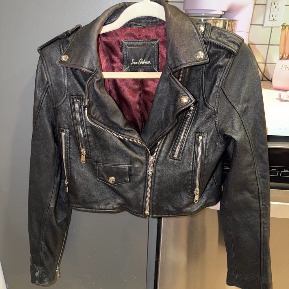Sam Edelman Black Leather Cropped Moto Jacket